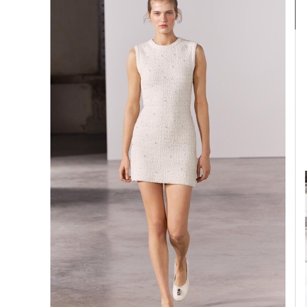 ZARA KNIT MINI DRESS WITH PEARL BEADS Size L NEW WITH TAG!